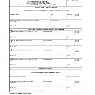 DA Form 5026-R. Record of Certification - Small Arms Shipment Control (LRA)