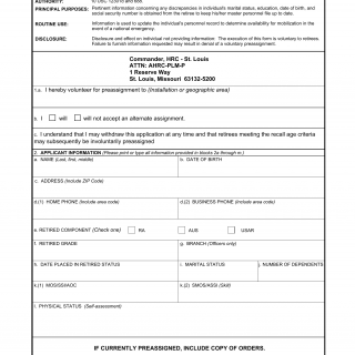 DA Form 5137. Application for Voluntary Mobilization Preassignment