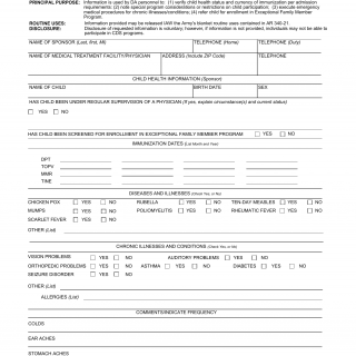 DA Form 5223-R. Child Development Services (Cds) Child Health Assessment (LRA)