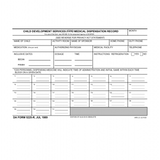 DA Form 5225-R. Child Development Services (Cds) Medical Dispensation Record (LRA)