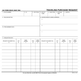 DA Form 5289-R. Traveling Purchase Request (LRA)