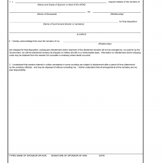 DA Form 5330. Release of Remains for Local Disposition