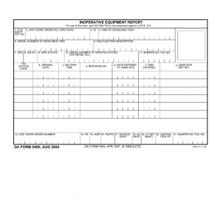 DA Form 5409. Inoperative Equipment Report