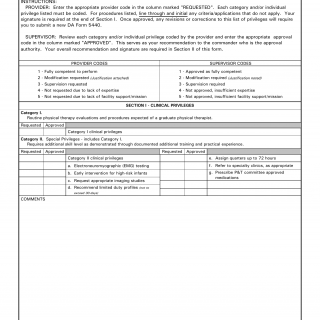 DA Form 5440-21. Delineation of Clinical Privileges-Physical Therapy