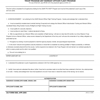 DA Form 5585. Addendum to Certificate of Acknowledgement of Service Requirements (Da Form 3540) for Enlistment Into the Us Army Reserve Troop Program Unit Warrant Officer Flight Program