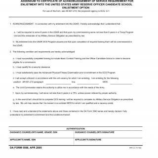 DA Form 5586. Addendum to Certificate of Acknowledge of Service Requirement for Enlistment Into the United States Army Reserve Officer Candidate School Enlistment Option
