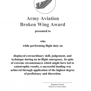 DA Form 5778. Army Aviation Broken Wing Award