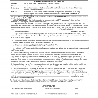 DA Form 7004-R. Addendum to Certificate of Acknowledgement of Service Requirements (Da Form 3540) for Enlistment Into the Usar Star Program (LRA)