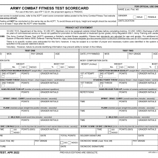 DA Form 705-Test. Army Combat Fitness Test Scorecard