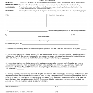 DA Form 7273. Access Agreement for Oral History Materials