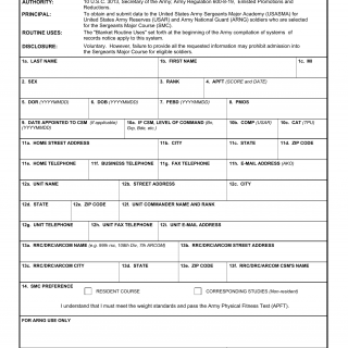 DA Form 7432. Sergeants Major Course Administrative Data Sheet