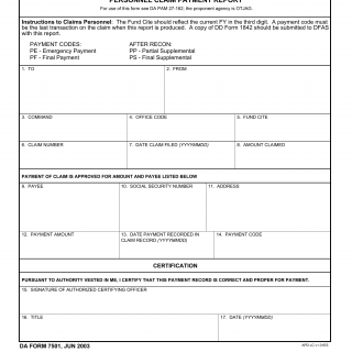 DA Form 7501. Personnel Claim Payment Report