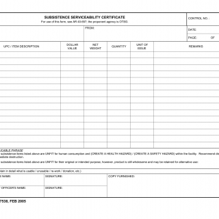 DA Form 7538. Subsistence Serviceability Certificate