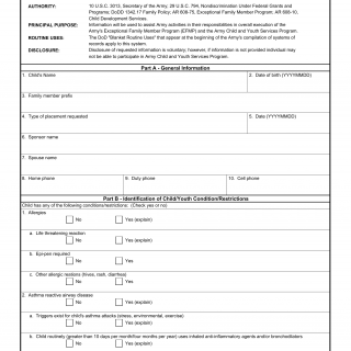 DA Form 7625-1. Army Child and Youth Services Health Screening Tool