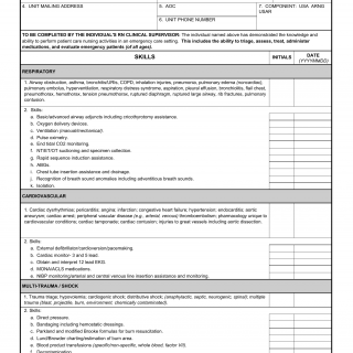 DA Form 7654. Verification of Clinical Competencies for Emergency Nursing Skill Identifier (Si M5)