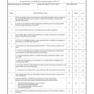 DA Form 7698. Unit Mail Room (UMR), Consolidated Mail Room (CMR), and Postal Service Center (PSC) Inspection Checklist