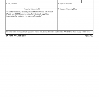DA Form 7784. TADSS Cerification Card