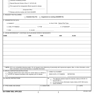 DA Form 7808. U.S. Army Intelligence and Security Records Repository Data Reference Form