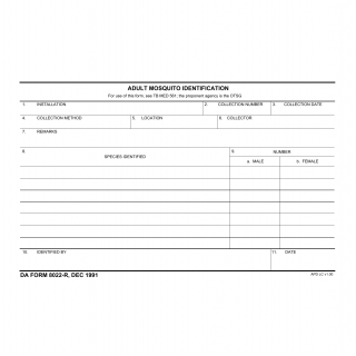DA Form 8022-R. Adult Mosquito Identification (LRA)