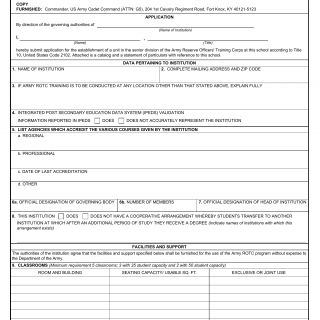 DA Form 918. Application for Establishment of an Army Senior Reserve Officers` Training Corps Unit
