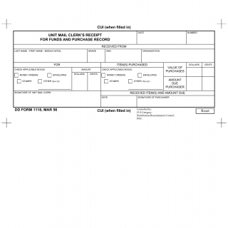 DD Form 1118. Unit Mail Clerk's Receipt for Funds and Purchase Record