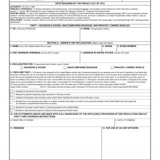 DD Form 1252. U.S. Customs and Border Protection (CBP) Declaration for Personal Property Shipments - Part I