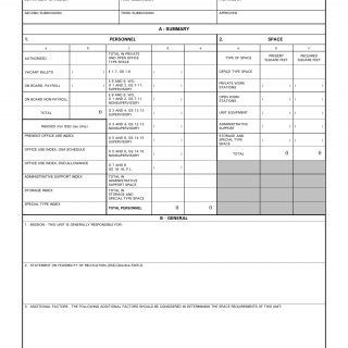 DD Form 1450. Space Requirements Data, DoD - Part I - Summary
