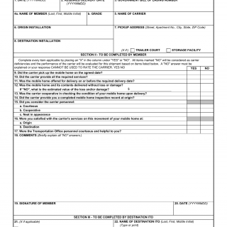 DD Form 1799. Member's Report on Carrier Performance - Mobile Homes