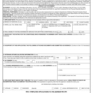 DD Form 294. Application for a Review by the Physical Disability Board of Review (PDBR) of the Rating Awarded Accompanying a Medical Separation from the Armed Forces of the United States