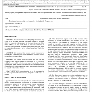 DD Form 441. Department of Defense Security Agreement