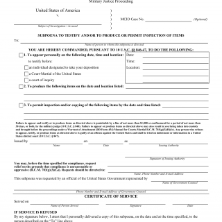 DD Form 453. Subpoena to Testify and/or Produce or Permit Inspection of Items in a Court Martial