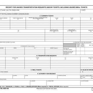 DD Form 730. Receipt for Unused Transportation Requests and/or Tickets, Including Unused Meal Tickets