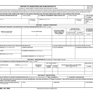 DD Form 882. Report of Inventions and Subcontracts