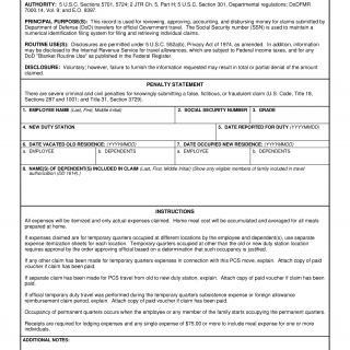 DD Form 2912. Claim for Temporary Quarters Subsistence Expense (TQSE) (Sub-voucher)