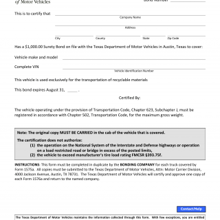 Form DMV-1576A. Recyclable Material Surety Bond Certification - Texas