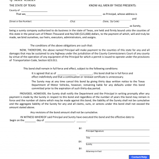 Form DMV-1753. Over Axle and Over Gross Weight Tolerance Permit Bond - Texas