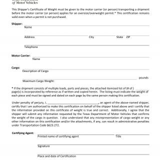 Form DMV-2280. Shipper's Certificate of Weight - Texas