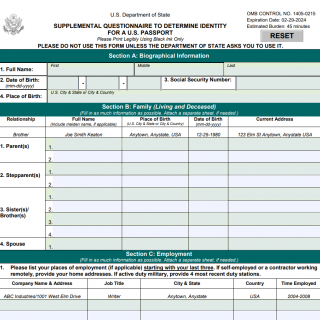 DS-5520 Supplemental Questionnaire to Determine Identity for a U.S. Passport