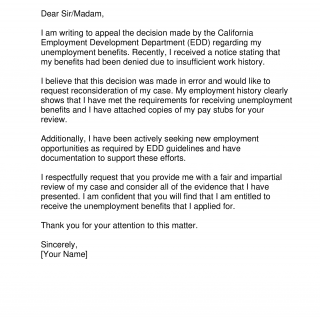 EDD Appeal Letter Sample