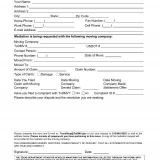 Form ENF-HHG-MR1. Household Goods Mover Mediation Request Form - Texas