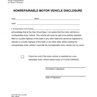 Form ENF-SAL-221-NR. Nonrepairable Motor Vehicle Disclosure - Texas