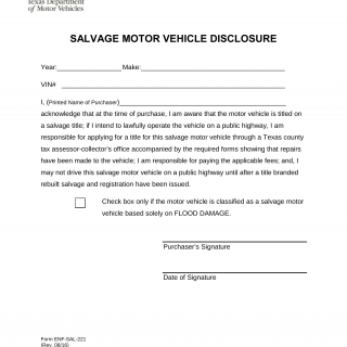 Form ENF-SAL-221. Disclosure of Salvage Motor Vehicle - Texas