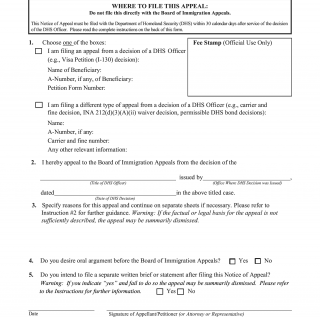 Form EOIR-29. Notice of Appeal to the Board of Immigration Appeals from a Decision of a DHS Officer