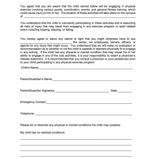 Fitness Waiver Form for Minors sample