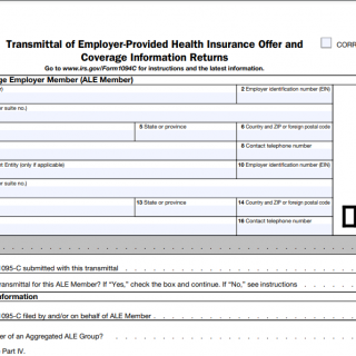 IRS Form 1094-C. Transmittal of Employer-Provided Health Insurance Offer and Coverage Information Returns