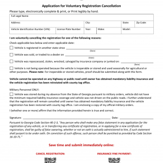 GA DMV Form MV-18J Application for Voluntary Registration Cancellation