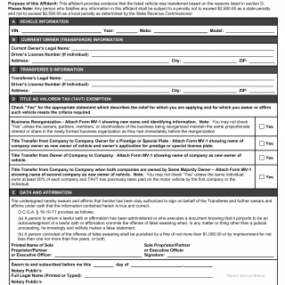 GA DMV Form MV-66A Affidavit for TAVT Exemption for Certain Business Transactions