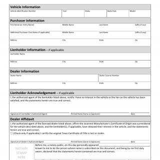 Form VTR-18. Title Revocation Affidavit for Incorrect Manufacturer's Certificate of Origin Surrendered - Texas