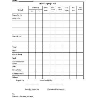 Housekeeping Linen Inventory Sheet