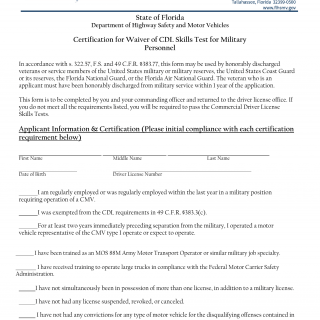 Form HSMV 71054. Certification for Waiver of Skill Test for Military Personnel - Florida
